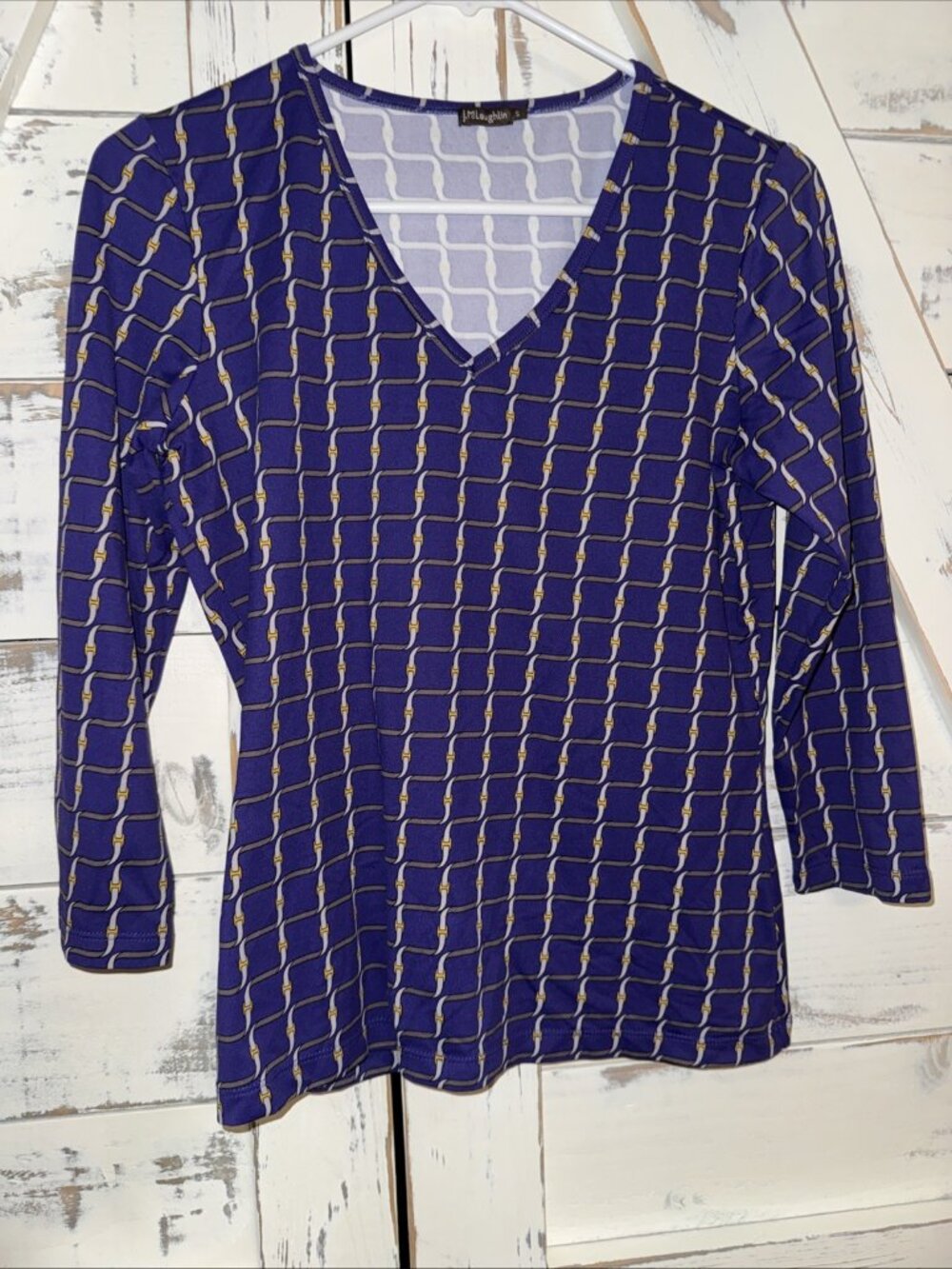 J McLaughlin Catalina Knit Chain Print Top Purple Yellow XS 3/4 Sleeve V Neck